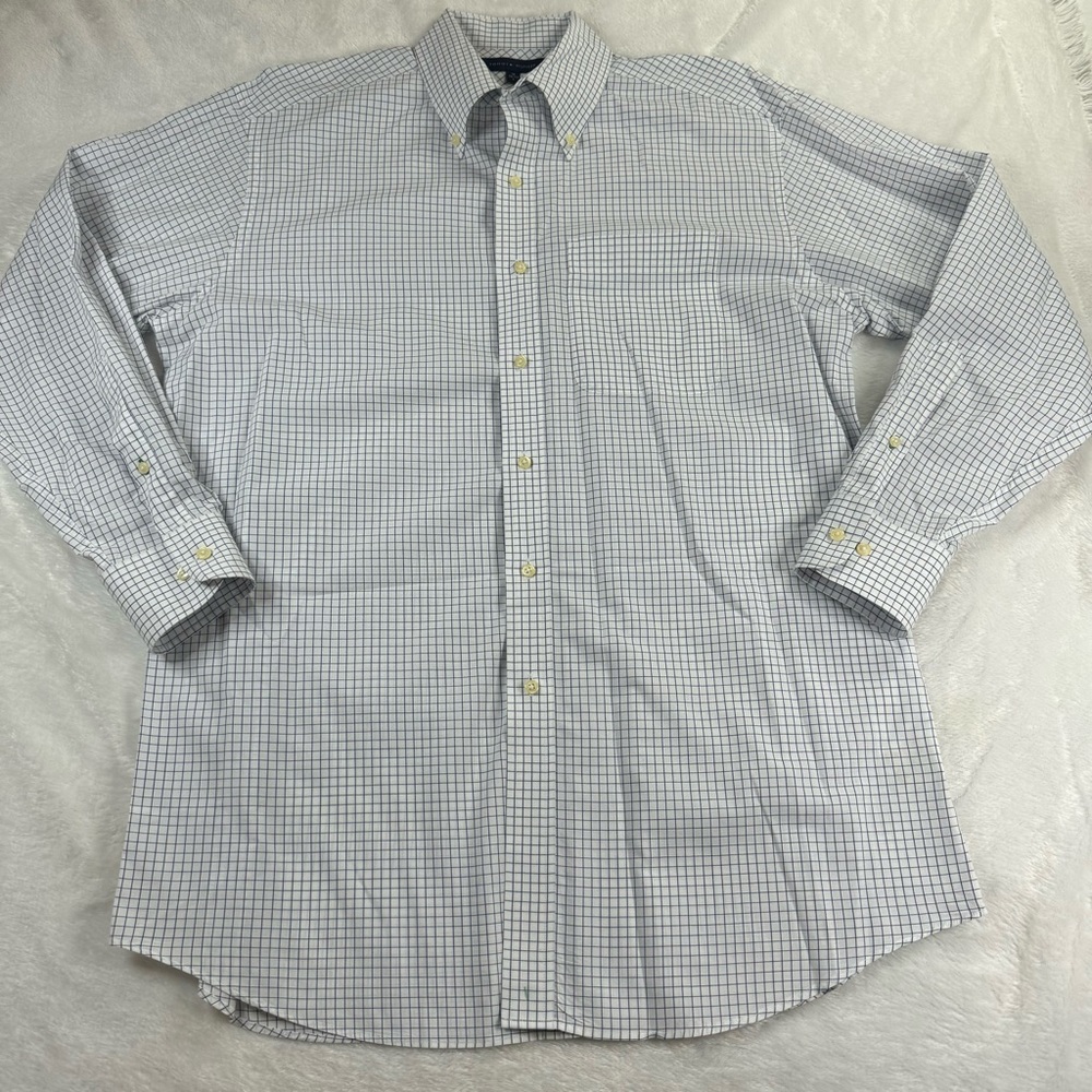 Tommy Hilfiger Mens 16 32-33 Checkered White Blue Pocket Dress Shirt Button Up